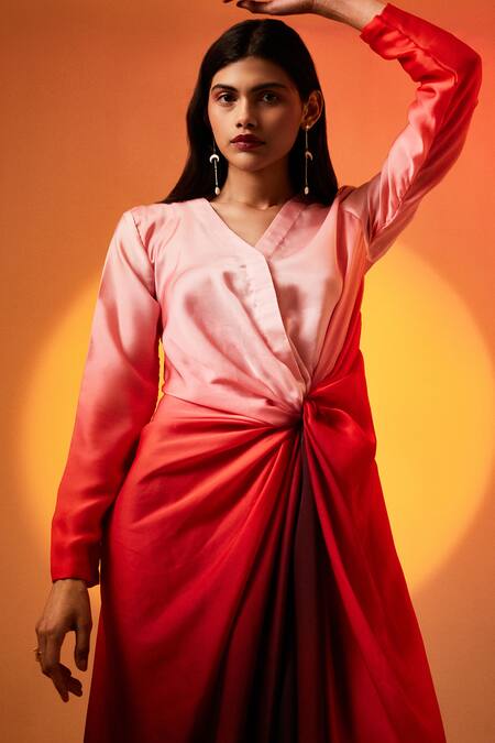 Echostudio_Red Satin V-neck Ombre A-line Dress _Online_at_Aza_Fashions