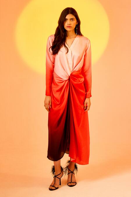 Buy_Echostudio_Red Satin V-neck Ombre A-line Dress _Online_at_Aza_Fashions