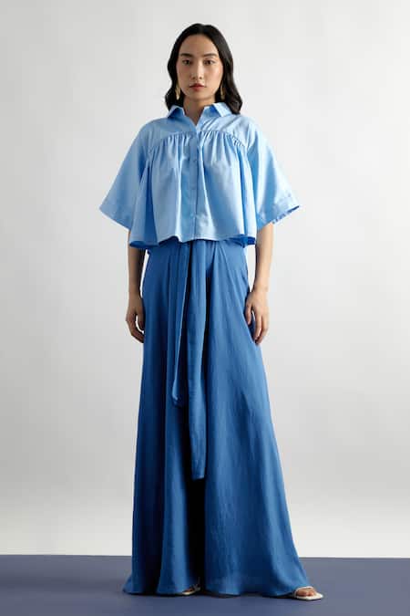 Shop Echostudio Blue Linen Crepe Plain Solid Flared Pant at Aza Fashions Shop_Echostudio_Blue Linen Crepe Plain Solid Flared Pant _at_Aza_Fashions