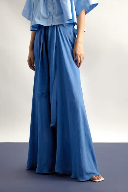 Echostudio Blue Linen Crepe Plain Solid Flared Pant Online at Aza Fashions Echostudio_Blue Linen Crepe Plain Solid Flared Pant _Online_at_Aza_Fashions