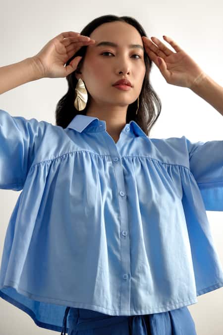 Echostudio_Blue Cotton Satin Collared Cropped Shirt _Online_at_Aza_Fashions