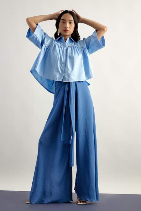 Buy_Echostudio_Blue Cotton Satin Collared Cropped Shirt _Online_at_Aza_Fashions