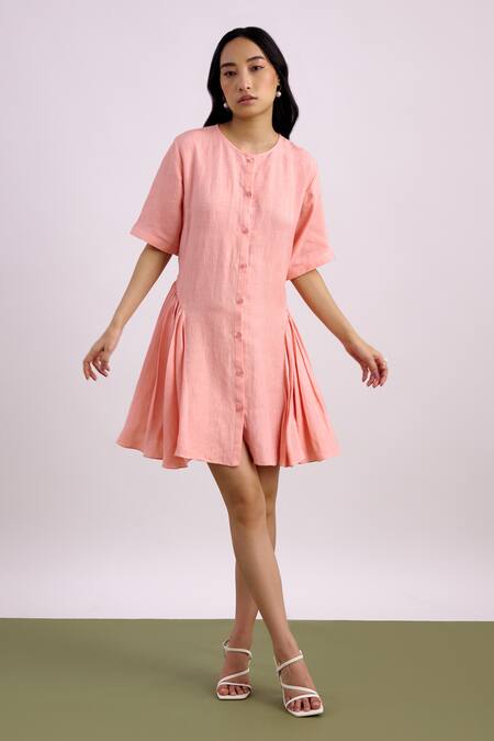 Echostudio Pink Linen Round Neck Shirt Dress Online at Aza Fashions Echostudio_Pink Linen Round Neck Shirt Dress _Online_at_Aza_Fashions