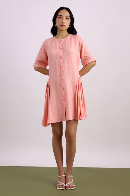 Buy Echostudio Pink Linen Round Neck Shirt Dress Online at Aza Fashions Buy_Echostudio_Pink Linen Round Neck Shirt Dress _Online_at_Aza_Fashions