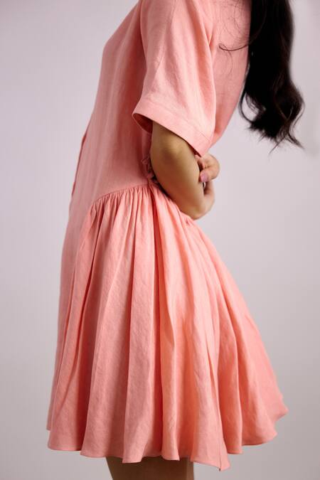 Shop Echostudio Pink Linen Round Neck Shirt Dress Online at Aza Fashions Shop_Echostudio_Pink Linen Round Neck Shirt Dress _Online_at_Aza_Fashions