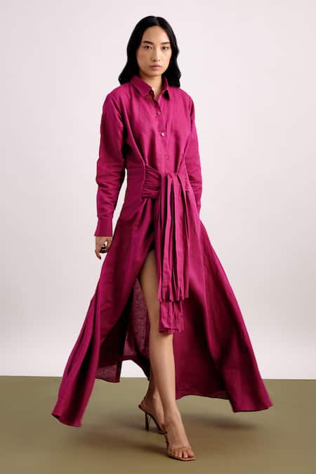 Shop_Echostudio_Fuchsia Linen Collared Maxi Dress _at_Aza_Fashions