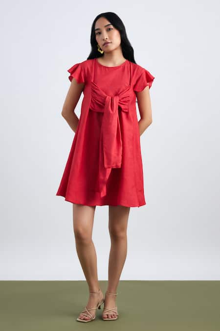 Echostudio Red Linen Plain Round Kim Tie Up Draped Dress  