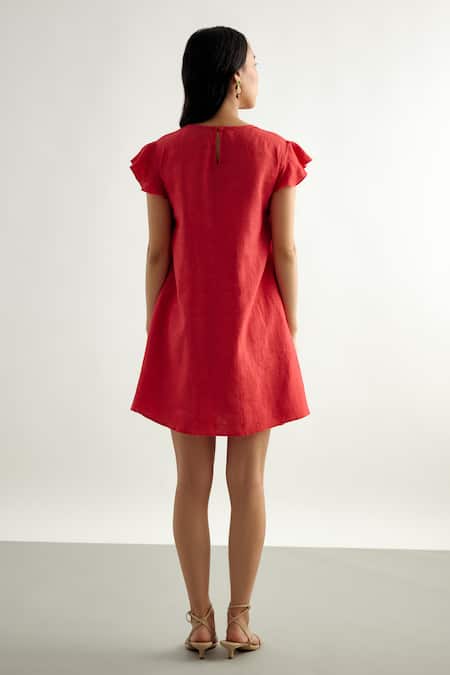 Shop Echostudio Red Linen Round Neck Kim Tie Up Draped Dress at Aza Fashions Shop_Echostudio_Red Linen Round Neck Kim Tie Up Draped Dress _at_Aza_Fashions