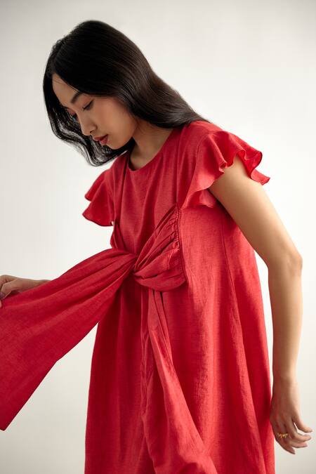 Echostudio Red Linen Round Neck Kim Tie Up Draped Dress Online at Aza Fashions Echostudio_Red Linen Round Neck Kim Tie Up Draped Dress _Online_at_Aza_Fashions