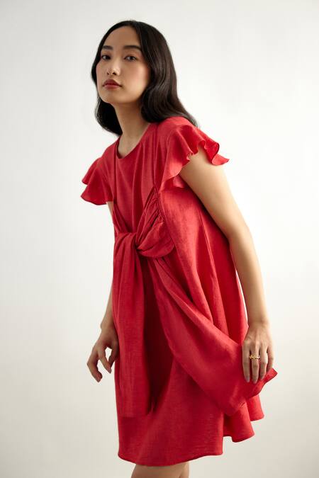 Buy Echostudio Red Linen Round Neck Kim Tie Up Draped Dress Online at Aza Fashions Buy_Echostudio_Red Linen Round Neck Kim Tie Up Draped Dress _Online_at_Aza_Fashions