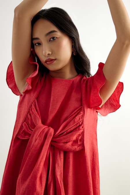 Shop Echostudio Red Linen Round Neck Kim Tie Up Draped Dress Online at Aza Fashions Shop_Echostudio_Red Linen Round Neck Kim Tie Up Draped Dress _Online_at_Aza_Fashions