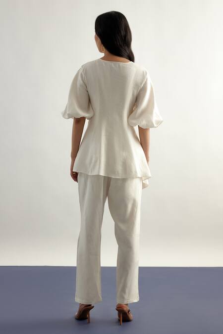 Shop Echostudio White Linen Bows Round Neck Tie Up Top And Pant Set at Aza Fashions Shop_Echostudio_White Linen Bows Round Neck Tie Up Top And Pant Set _at_Aza_Fashions