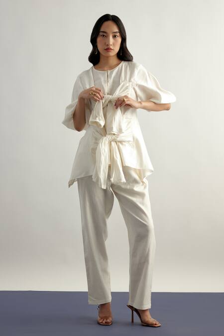 Echostudio White Linen Bows Round Neck Tie Up Top And Pant Set Online at Aza Fashions Echostudio_White Linen Bows Round Neck Tie Up Top And Pant Set _Online_at_Aza_Fashions