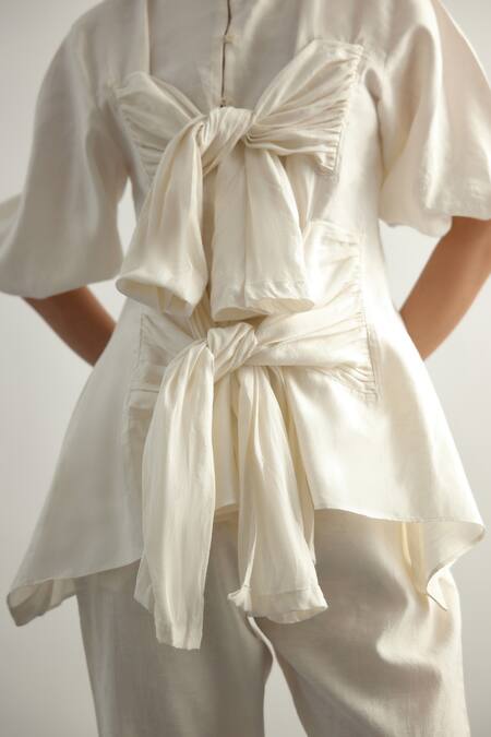 Buy Echostudio White Linen Bows Round Neck Tie Up Top And Pant Set Online at Aza Fashions Buy_Echostudio_White Linen Bows Round Neck Tie Up Top And Pant Set _Online_at_Aza_Fashions