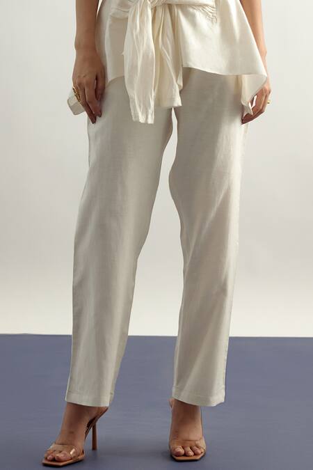 Shop Echostudio White Linen Bows Round Neck Tie Up Top And Pant Set Online at Aza Fashions Shop_Echostudio_White Linen Bows Round Neck Tie Up Top And Pant Set _Online_at_Aza_Fashions