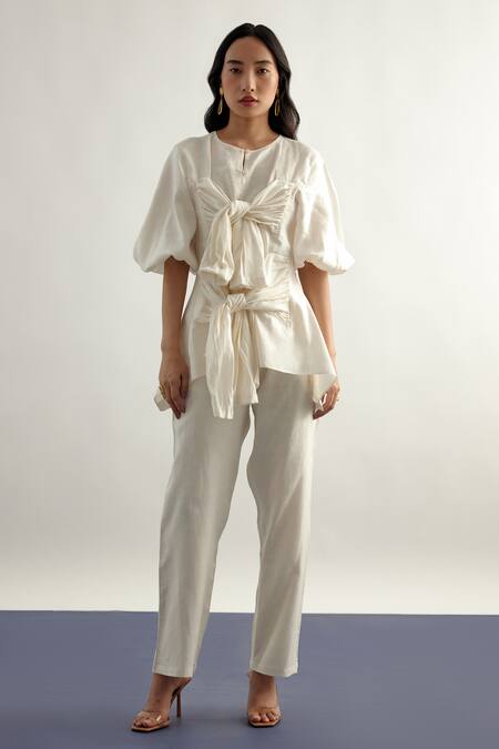 Echostudio White Linen Bows Round Neck Tie Up Top And Pant Set at Aza Fashions Echostudio_White Linen Bows Round Neck Tie Up Top And Pant Set _at_Aza_Fashions