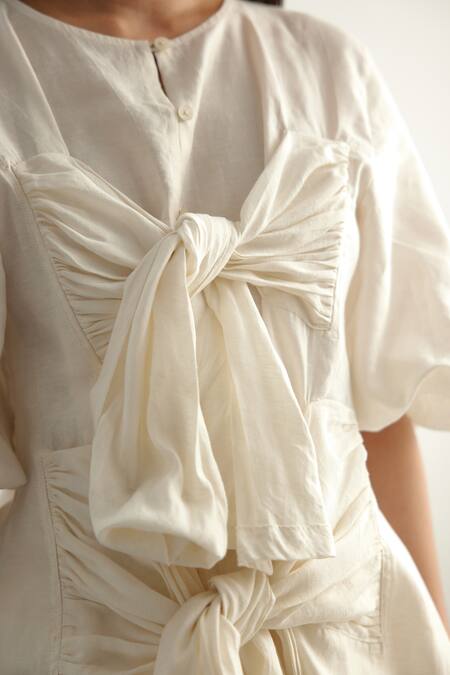 Buy Echostudio White Linen Bows Round Neck Tie Up Top And Pant Set Buy_Echostudio_White Linen Bows Round Neck Tie Up Top And Pant Set