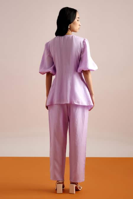 Shop Echostudio Purple Linen Bows Round Neck Solid Tie Up Top And Pant Set at Aza Fashions Shop_Echostudio_Purple Linen Bows Round Neck Solid Tie Up Top And Pant Set _at_Aza_Fashions