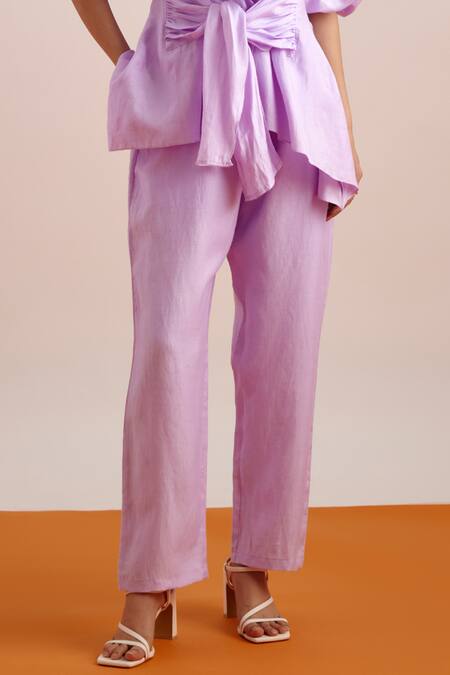 Echostudio Purple Linen Bows Round Neck Solid Tie Up Top And Pant Set Online at Aza Fashions Echostudio_Purple Linen Bows Round Neck Solid Tie Up Top And Pant Set _Online_at_Aza_Fashions