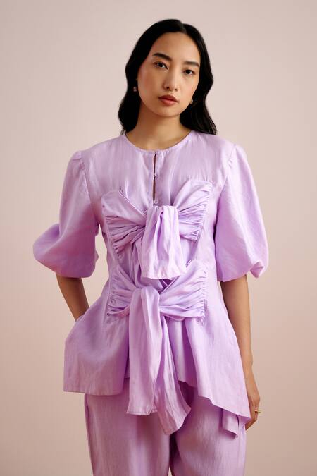 Buy Echostudio Purple Linen Bows Round Neck Solid Tie Up Top And Pant Set Online at Aza Fashions Buy_Echostudio_Purple Linen Bows Round Neck Solid Tie Up Top And Pant Set _Online_at_Aza_Fashions