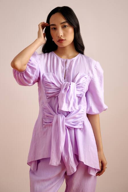 Shop Echostudio Purple Linen Bows Round Neck Solid Tie Up Top And Pant Set Online at Aza Fashions Shop_Echostudio_Purple Linen Bows Round Neck Solid Tie Up Top And Pant Set _Online_at_Aza_Fashions