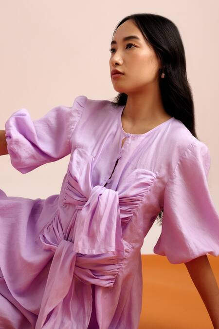 Echostudio Purple Linen Bows Round Neck Solid Tie Up Top And Pant Set at Aza Fashions Echostudio_Purple Linen Bows Round Neck Solid Tie Up Top And Pant Set _at_Aza_Fashions