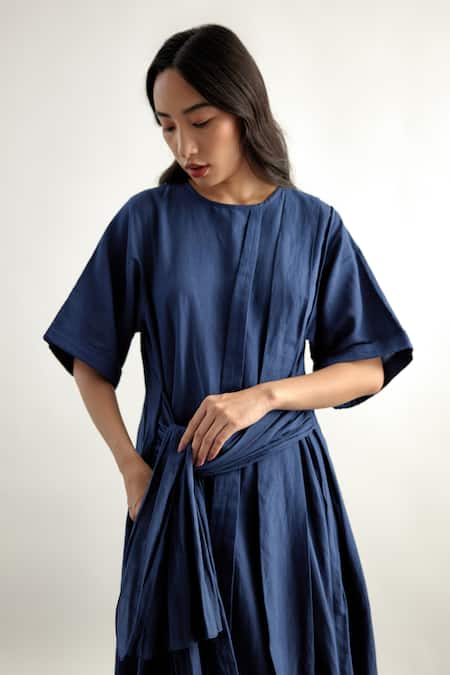 Shop_Echostudio_Blue Linen Round Neck Pleated Dress _Online_at_Aza_Fashions