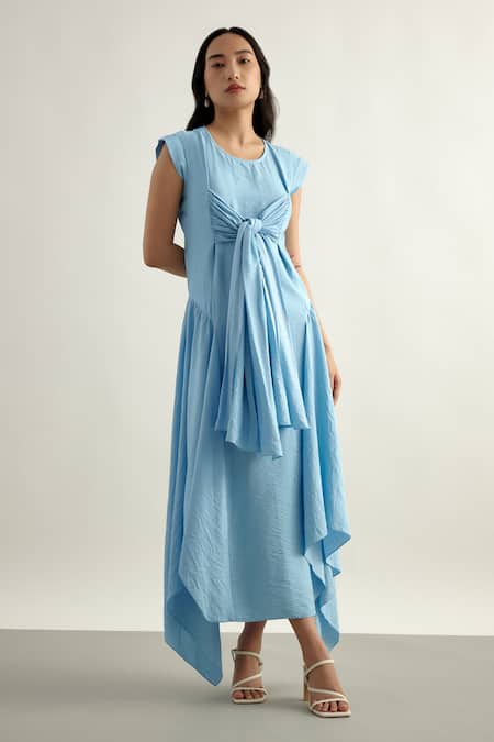 Echostudio_Blue Tencel Round Neck Solid Draped Dress _Online_at_Aza_Fashions
