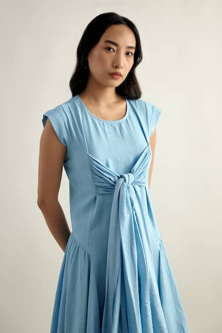 Buy_Echostudio_Blue Tencel Round Neck Solid Draped Dress _Online_at_Aza_Fashions