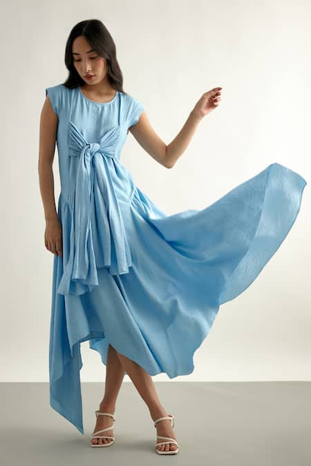 Shop_Echostudio_Blue Tencel Round Neck Solid Draped Dress _Online_at_Aza_Fashions