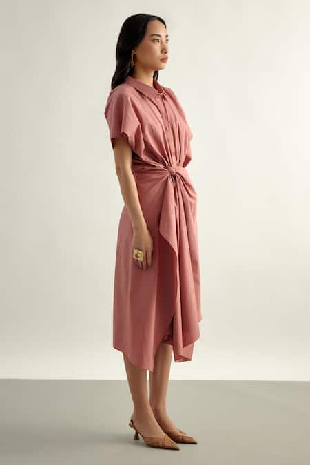 Echostudio_Pink Cotton Satin Collared Dress _Online_at_Aza_Fashions