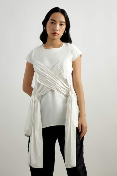 Echostudio White Poplin Plain Boat Neck Criss Cross Draped Top  