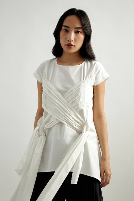 Echostudio_White Poplin Boat Neck Criss Cross Draped Top _Online_at_Aza_Fashions