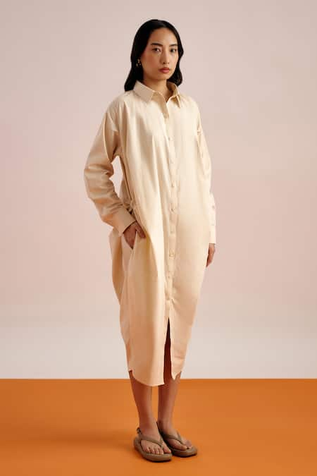 Echostudio Beige Poplin Plain Spread Collar Solid Shirt Dress  