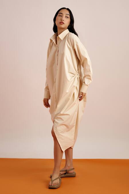Echostudio_Beige Poplin Collared Solid Shirt Dress _Online_at_Aza_Fashions