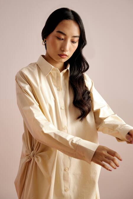 Buy_Echostudio_Beige Poplin Collared Solid Shirt Dress _Online_at_Aza_Fashions