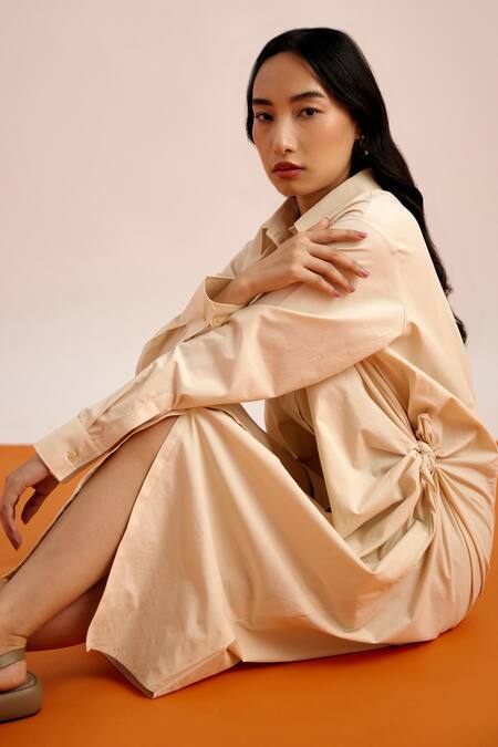Shop_Echostudio_Beige Poplin Collared Solid Shirt Dress _Online_at_Aza_Fashions