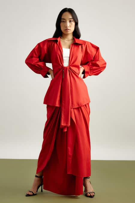 Echostudio Red Cotton Plain Spread Collar Jacket And Draped Skirt Set  