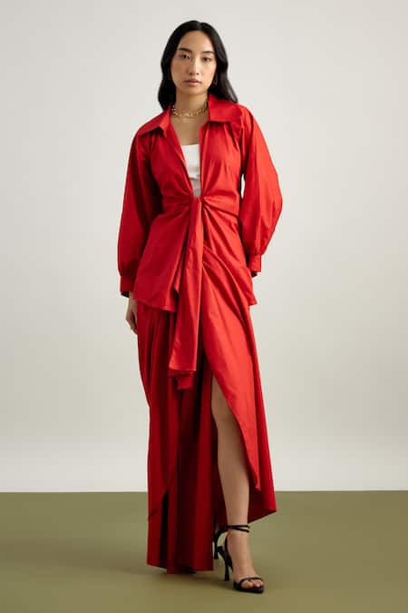 Echostudio_Red Cotton Collared Jacket And Draped Skirt Set _Online_at_Aza_Fashions
