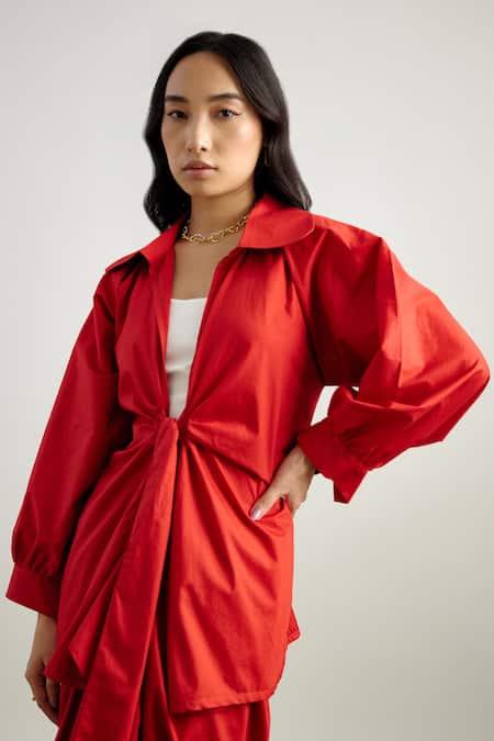 Buy_Echostudio_Red Cotton Collared Jacket And Draped Skirt Set _Online_at_Aza_Fashions