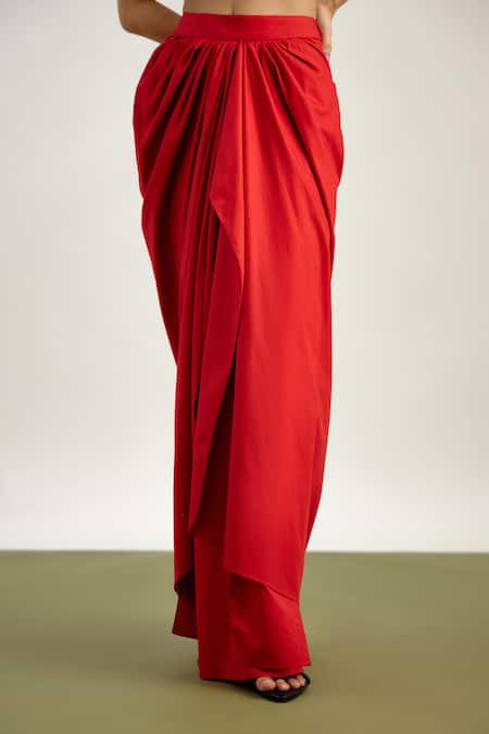 Shop_Echostudio_Red Cotton Collared Jacket And Draped Skirt Set _Online_at_Aza_Fashions