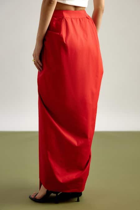 Echostudio_Red Cotton Collared Jacket And Draped Skirt Set _at_Aza_Fashions