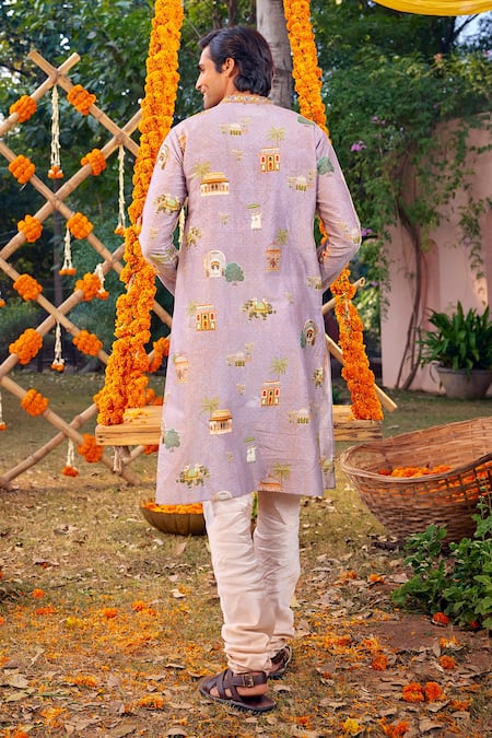 Shop Kalista Purple Chanderi Embroidery Arnav Mughal Palace Print Kurta Set at Aza Fashions Shop_Kalista_Purple Chanderi Embroidery Arnav Mughal Palace Print Kurta Set _at_Aza_Fashions