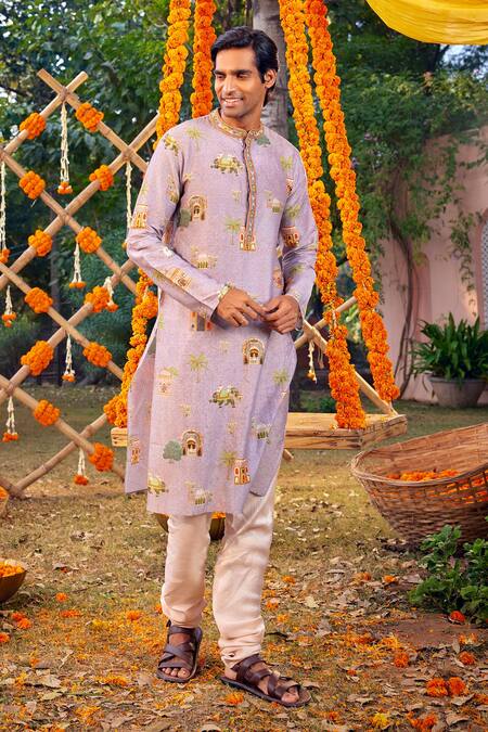 Shop Kalista Purple Chanderi Embroidery Arnav Mughal Palace Print Kurta Set Online at Aza Fashions Shop_Kalista_Purple Chanderi Embroidery Arnav Mughal Palace Print Kurta Set _Online_at_Aza_Fashions