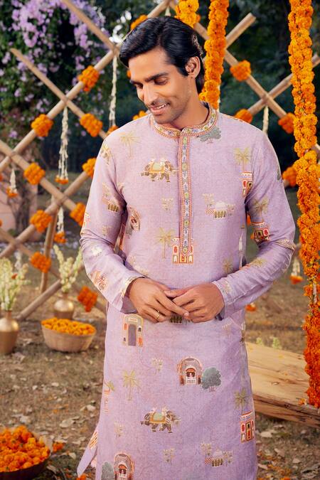 Kalista Purple Chanderi Embroidery Arnav Mughal Palace Print Kurta Set at Aza Fashions Kalista_Purple Chanderi Embroidery Arnav Mughal Palace Print Kurta Set _at_Aza_Fashions