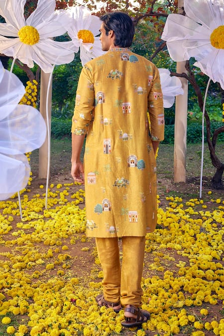 Kalista Yellow Chanderi Printed And Hand Embroidered Mughal Palace Arnav Kurta Set  2