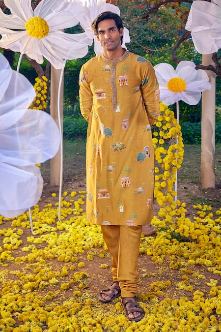 Kalista Yellow Chanderi Printed And Hand Embroidered Mughal Palace Arnav Kurta Set  3