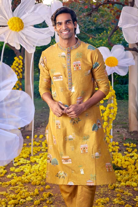 Kalista Yellow Chanderi Printed And Hand Embroidered Mughal Palace Arnav Kurta Set  5