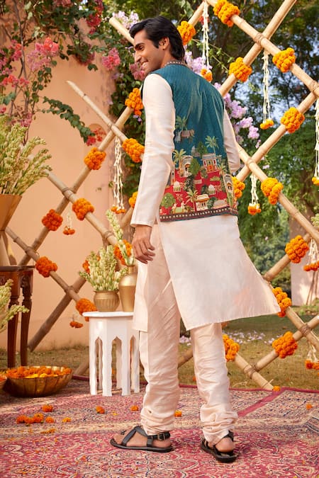 Kalista Teal Mughal Palace Print Bundi Kurta Set