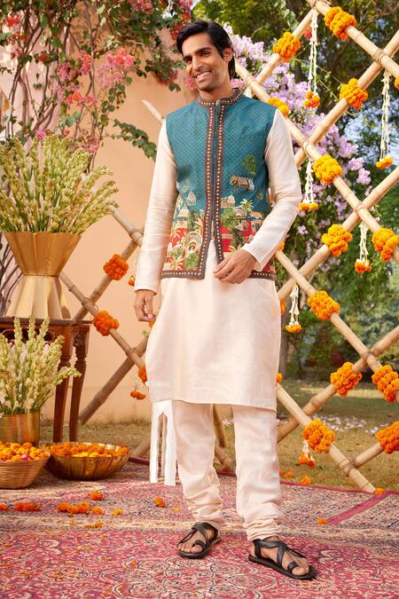 Kalista Blue Silk, Chanderi Embroidery Teal Mughal Palace Print Bundi Kurta Set Online at Aza Fashions Kalista_Blue Silk, Chanderi Embroidery Teal Mughal Palace Print Bundi Kurta Set _Online_at_Aza_Fashions